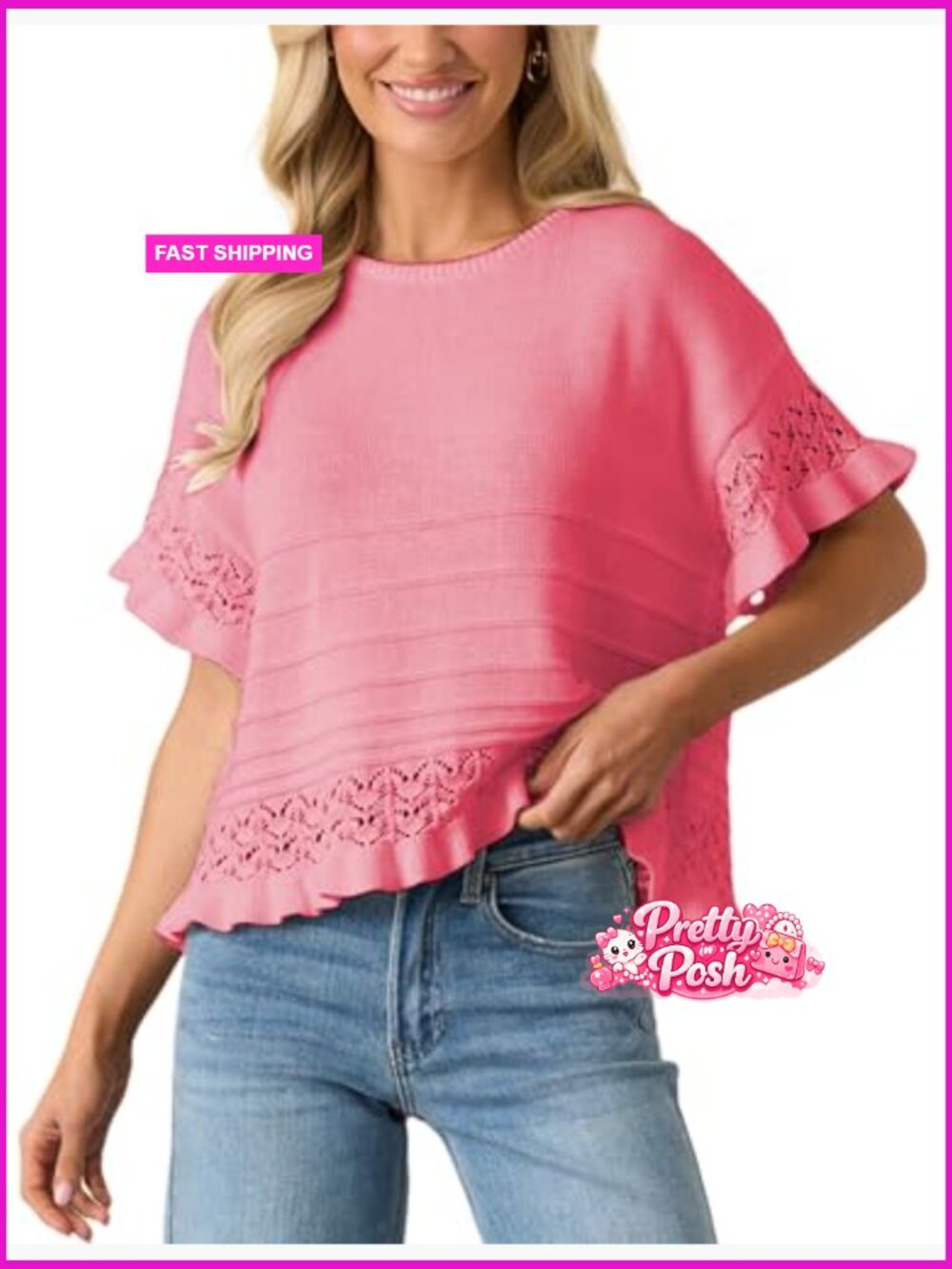 Short Sleeve Crochet Pullover Sweater with Ruffled Hem Crew Neck Summer Fall - Picture 2 of 7